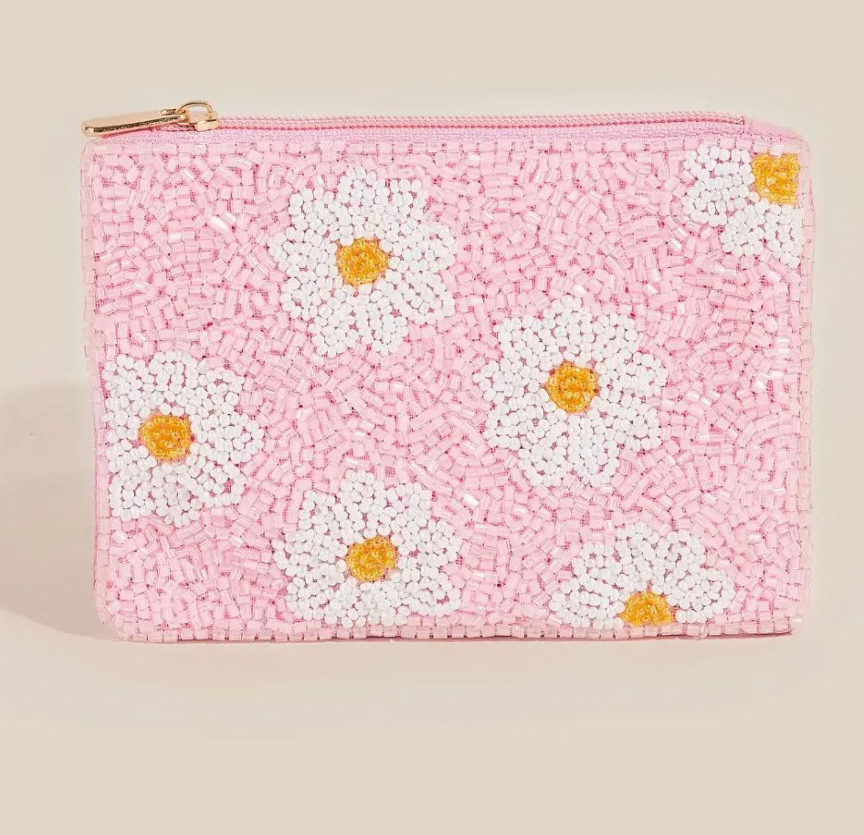 Daisy Flower Pink Seed Beaded Coin Purse