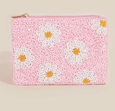 Daisy Flower Pink Seed Beaded Coin Purse