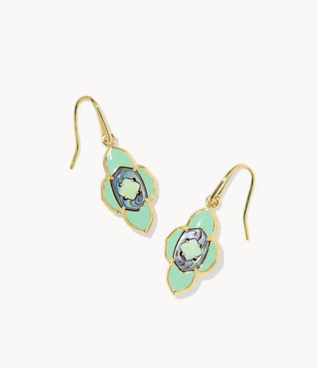 The Abbie Medallion Small Drop Earring Gold Abalone Sea Green