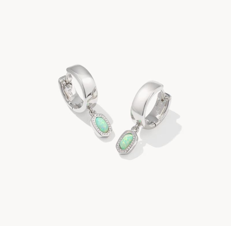 Mini Ellie Wide Huggie Earrings in Silver Green Opal