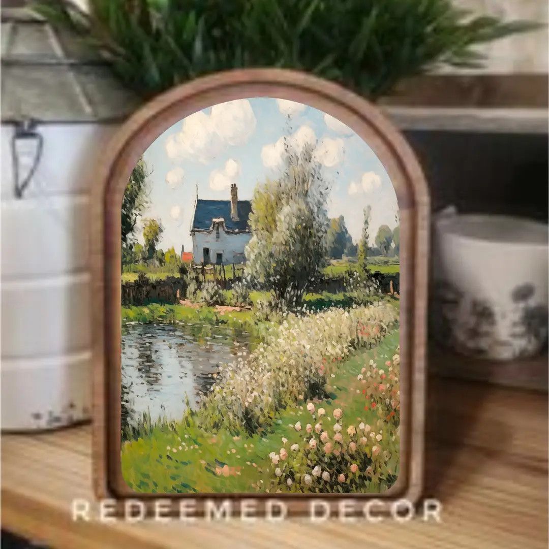 Arch Top Framed Art | Spring Cottage with Pond 6x8