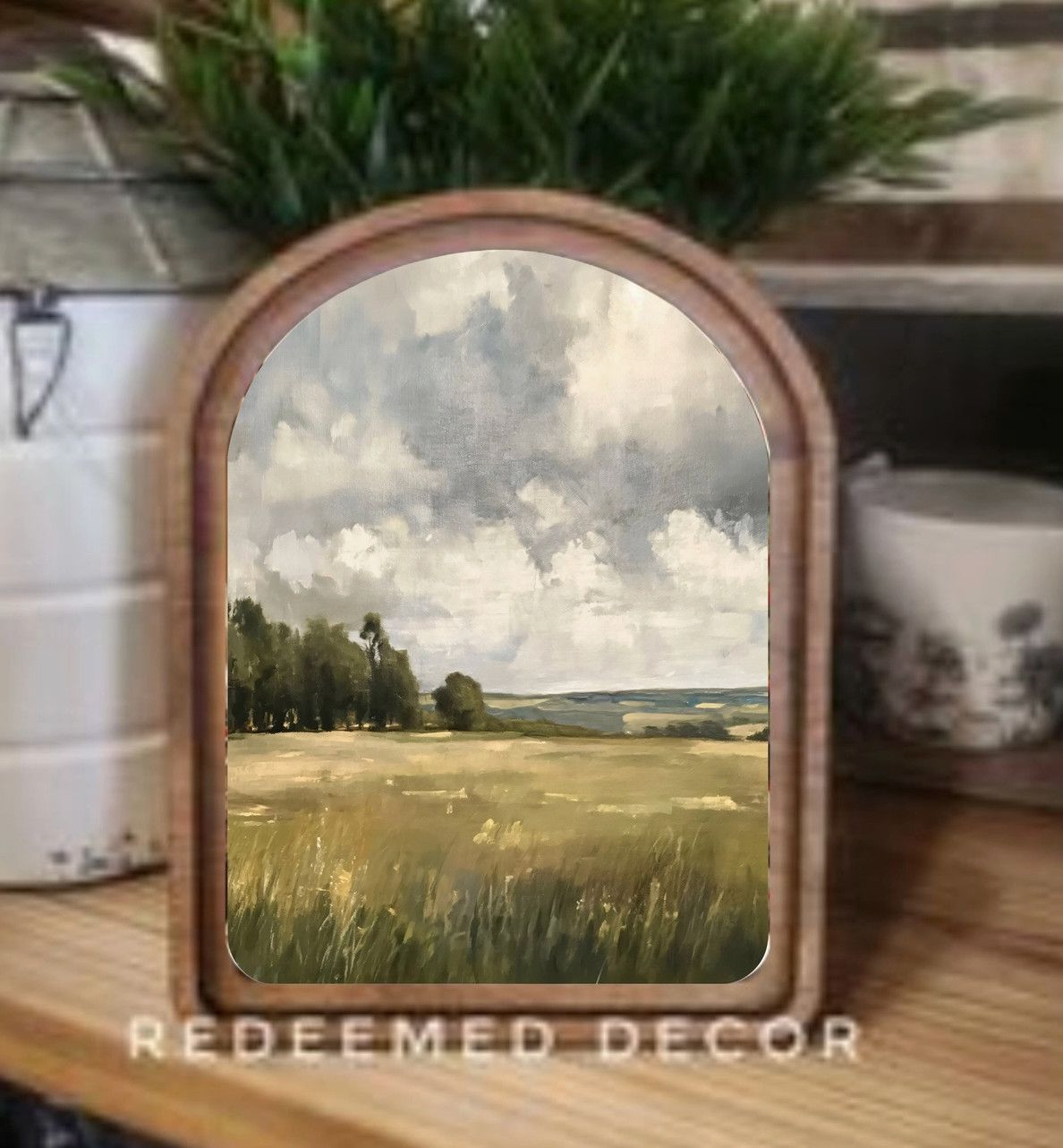 Arch Top Framed Art | Stormy Field