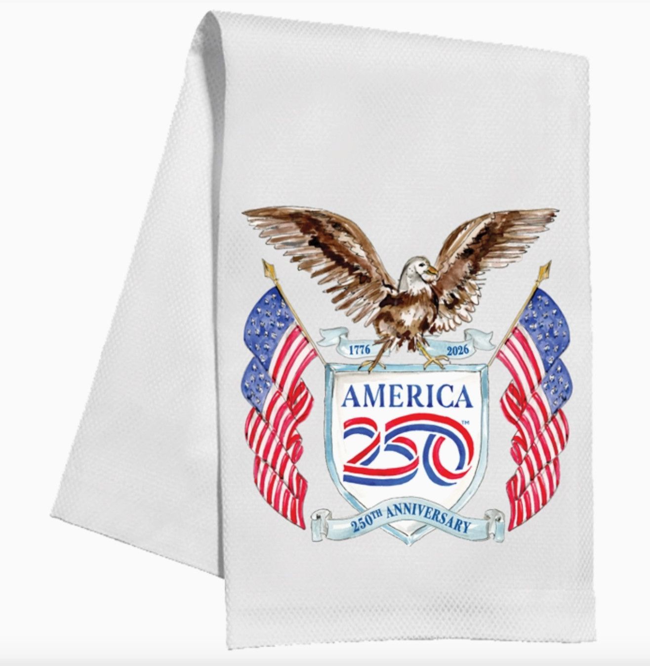 America 250 Logo with Bald Eagle and Flags Tea Towel