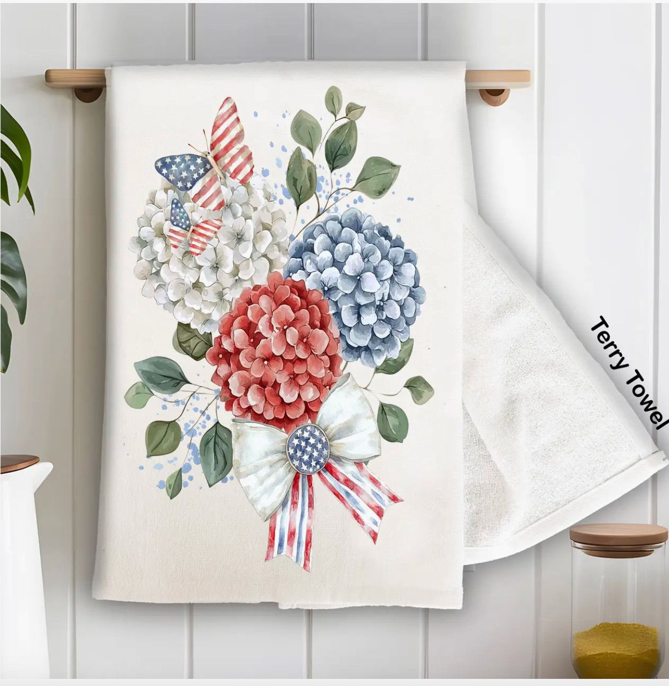 Patriotic Hydrangea Butterfly Tea Towel