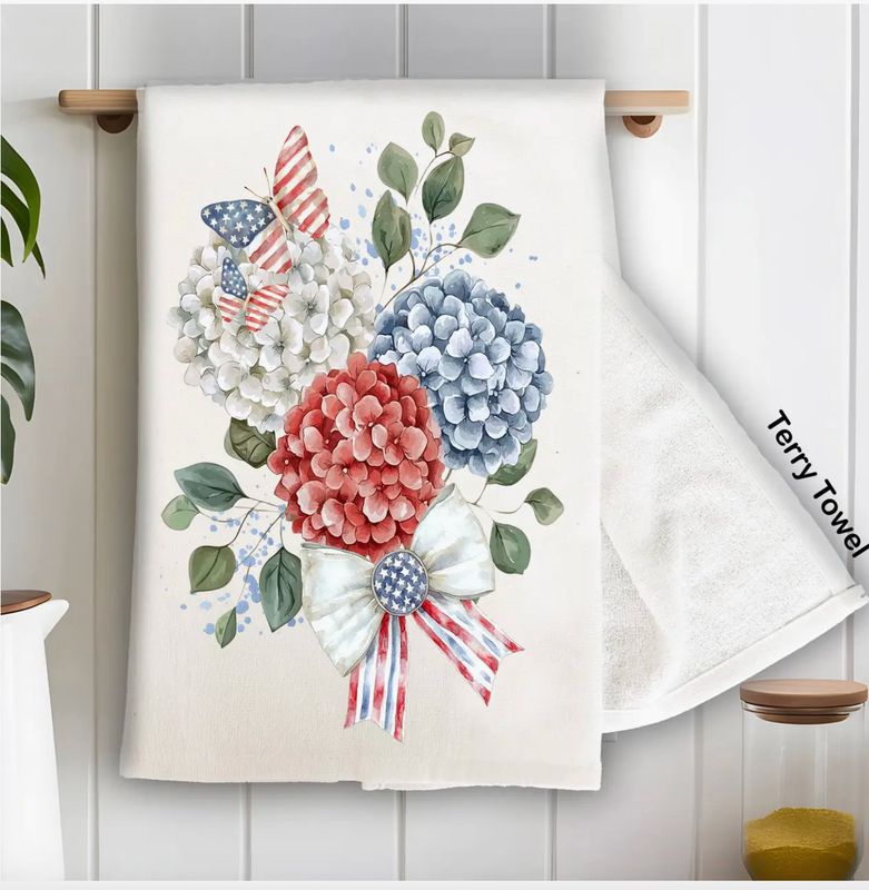 Patriotic Hydrangea Butterfly Tea Towel