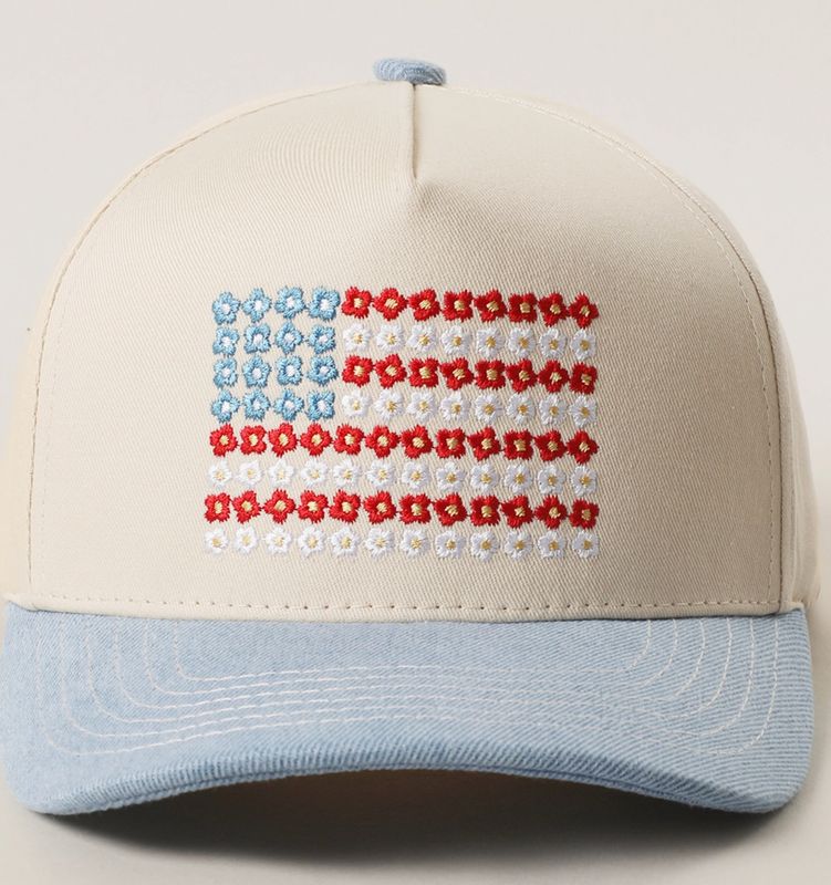 Floral Embroidered American Flag Trucker Hat