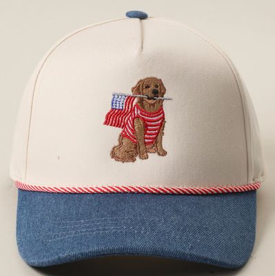 Golden Retriever Holding Flag Trucker Hat