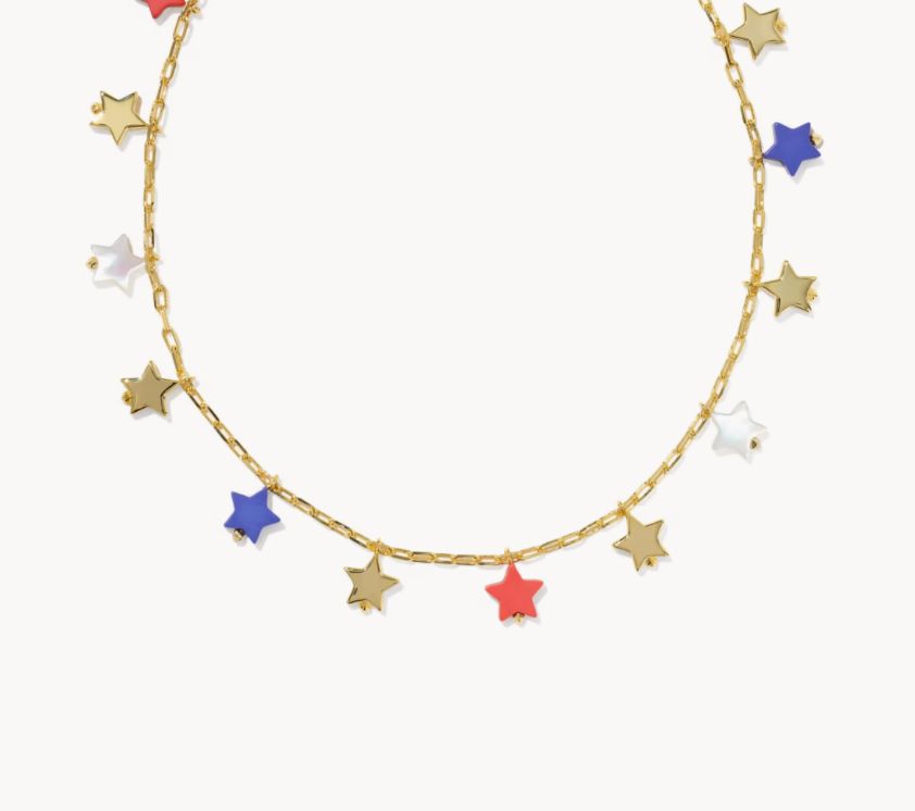 The Camila Strand Necklace in Gold Red White Blue mix