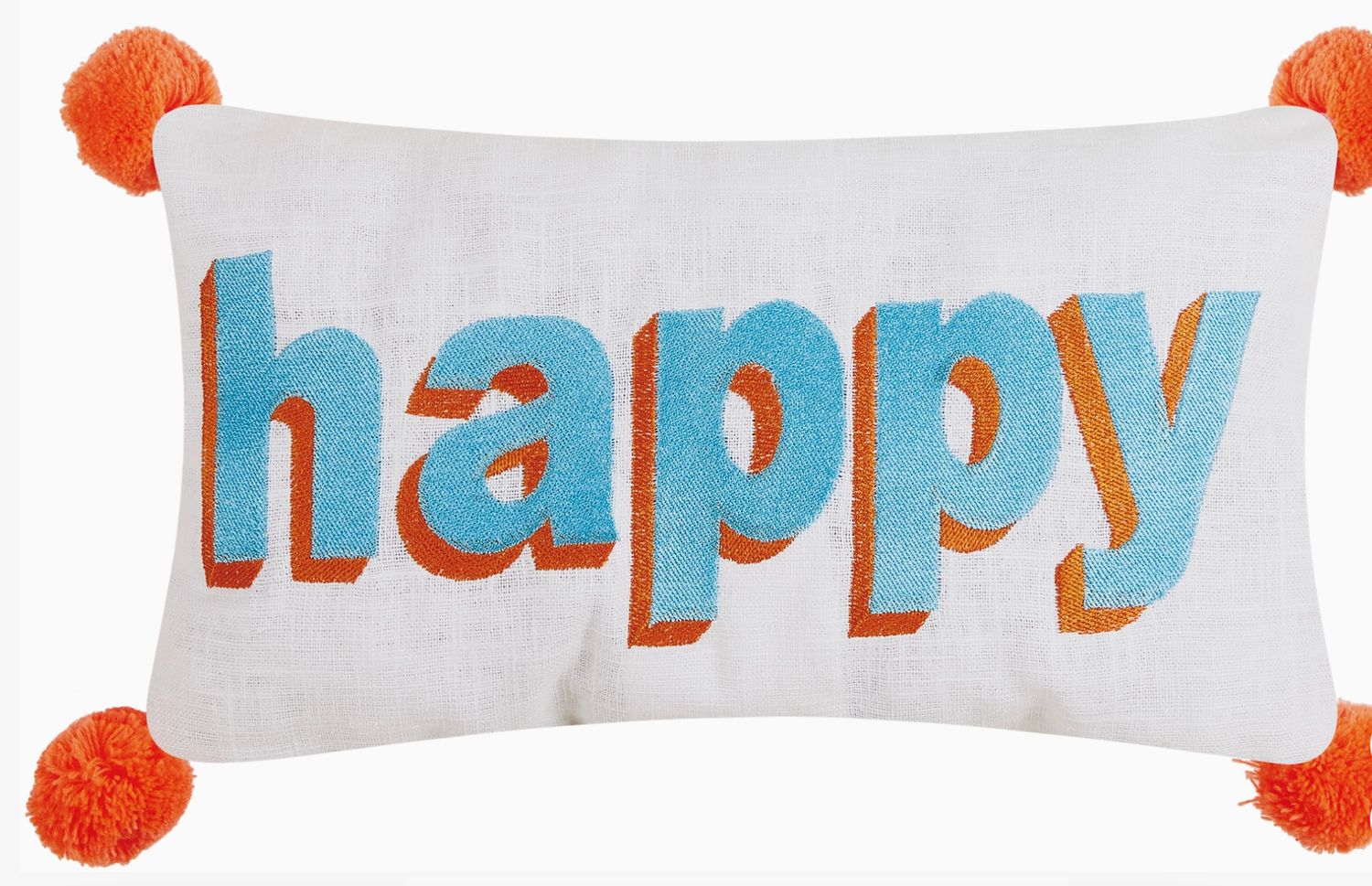 Happy Embroidered Pom Pom Pillow