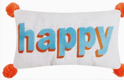 Happy Embroidered Pom Pom Pillow