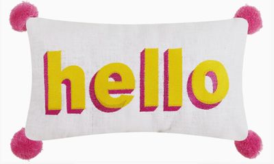 Hello Embroidered Pom Pom Pillow