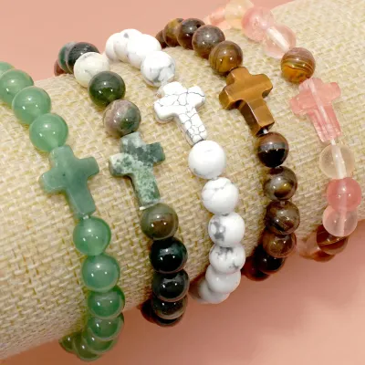 Boho Natural Stone Cross Beaded Bracelet