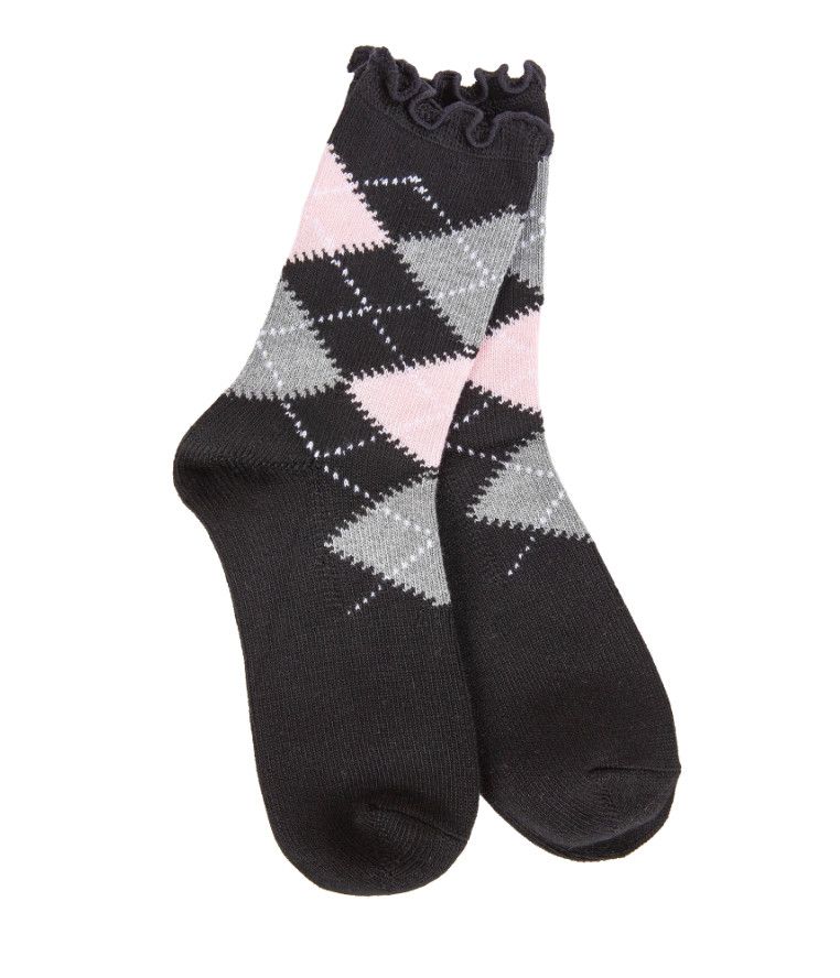 Mini Argyle Ruffle Sock, Color: Black Argyle