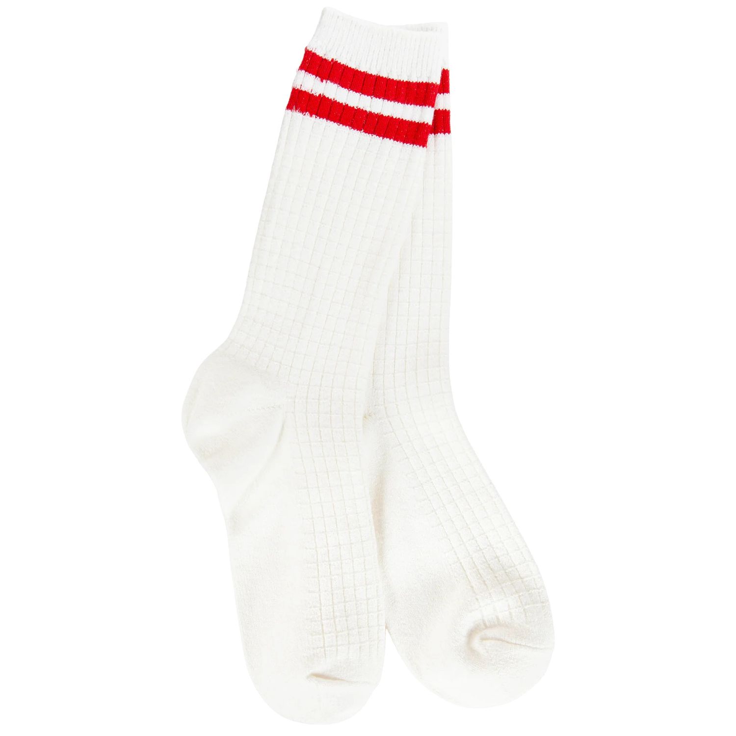 Waffle Stripe Crew Sock, Color: Ivory/Red
