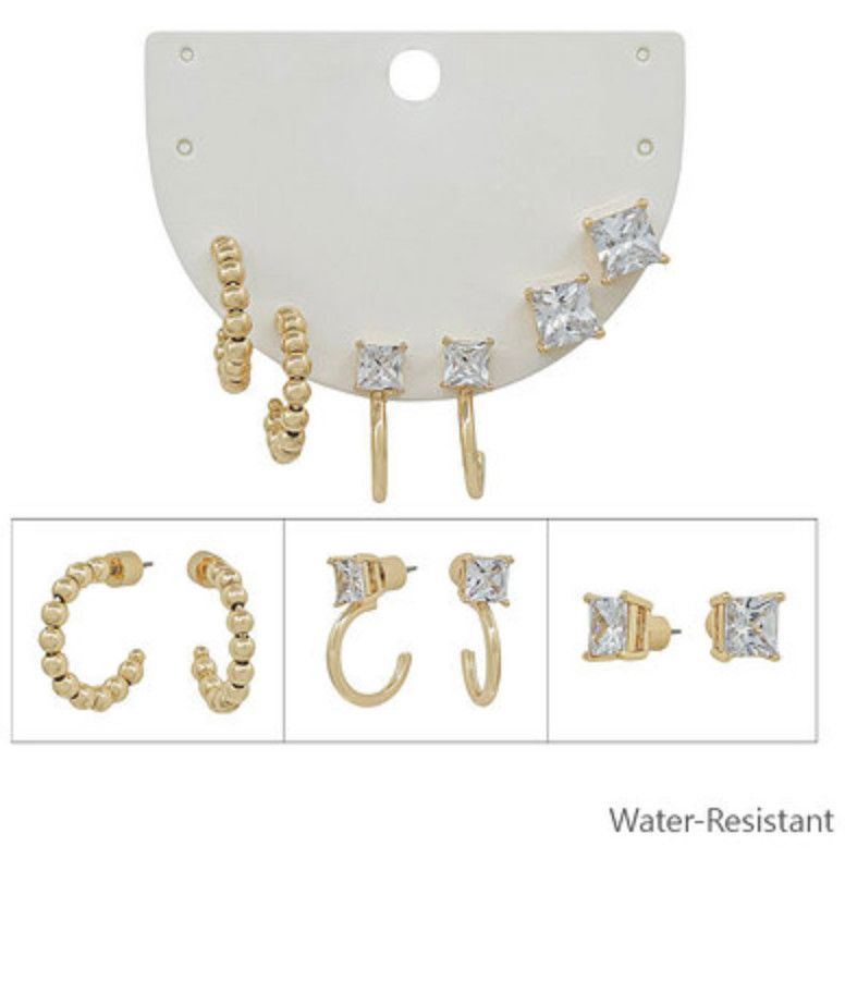 3 Set Crystal Hoop Earrings | Gold/Clear