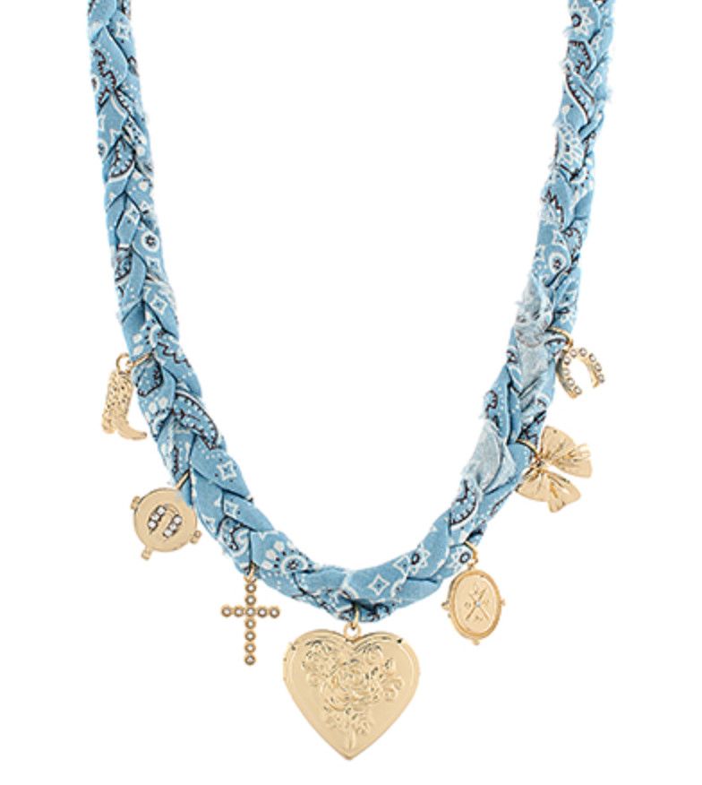 Heart &amp; Multi Charm Braided Scarf Necklace | Blue/Gold