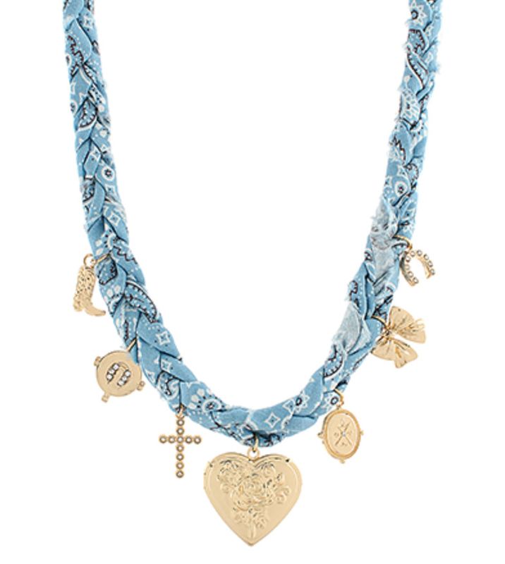Heart &amp; Multi Charm Braided Scarf Necklace | Blue/Gold