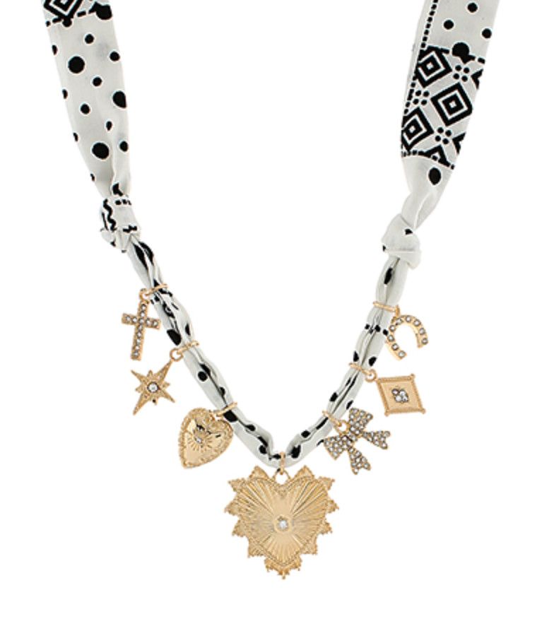 Heart &amp; Bow Multi Charm Scarf Necklace | White/Gold