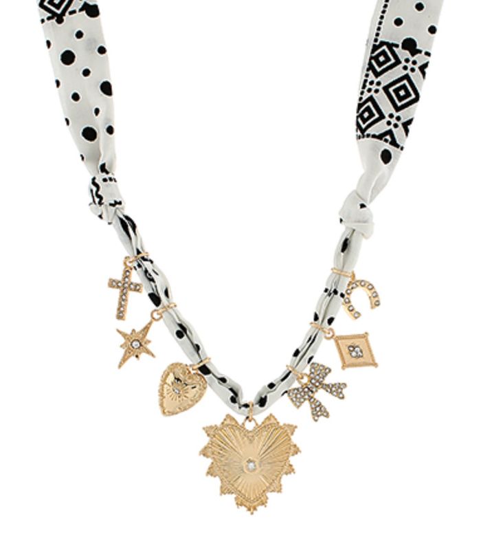 Heart &amp; Bow Multi Charm Scarf Necklace | White/Gold