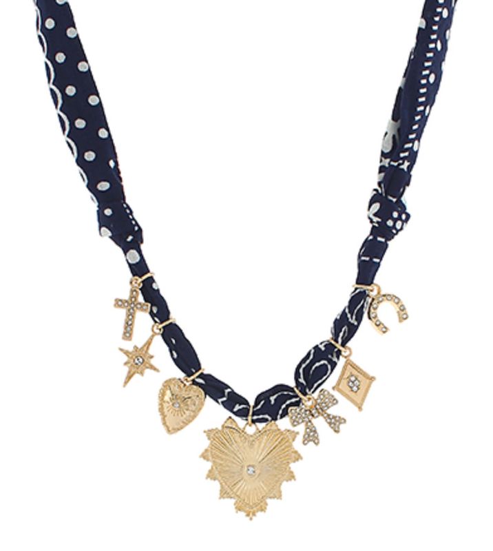 Heart &amp; Bow Multi Charm Scarf Necklace | Navy/Gold