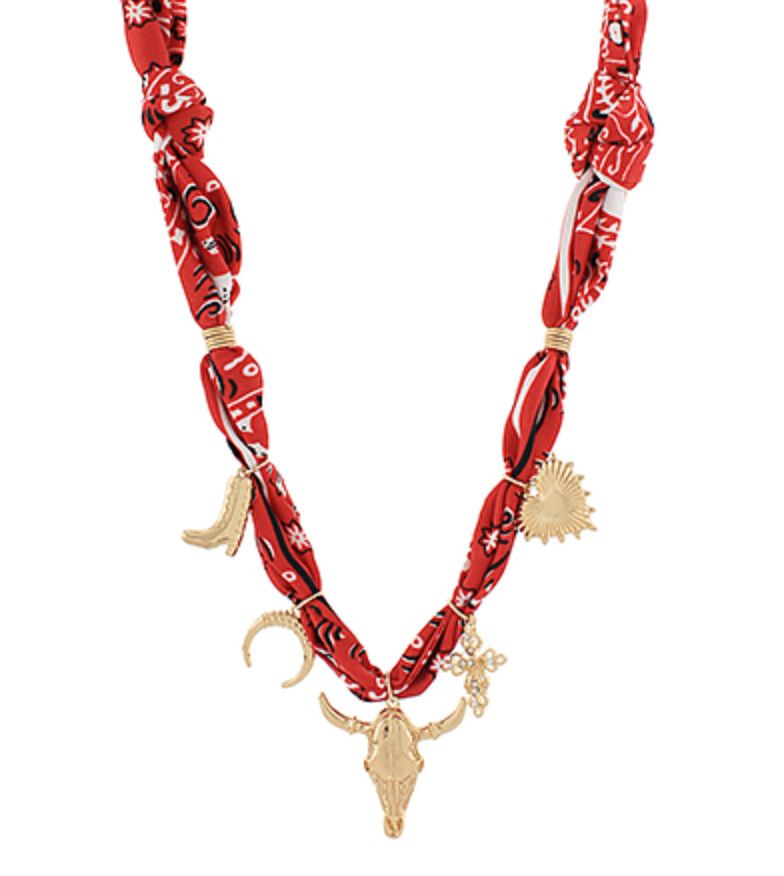Steer Head Multi Charm Scarf Necklace | Red/Gold