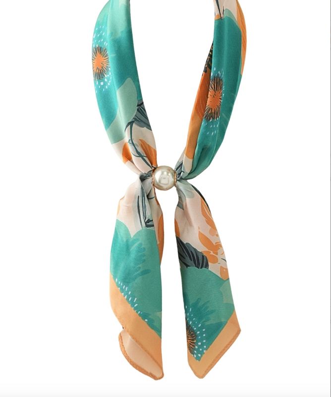 Pearl Accent Floral Scarf Necklace | Orange/Teal