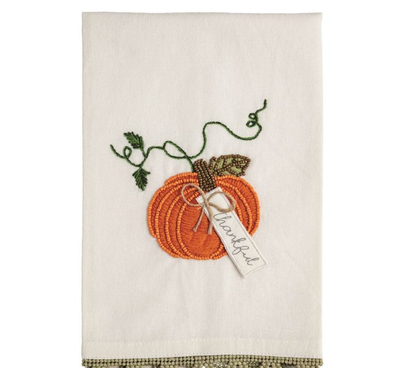 Single Pumpkin Bead Embellished Tea Towel