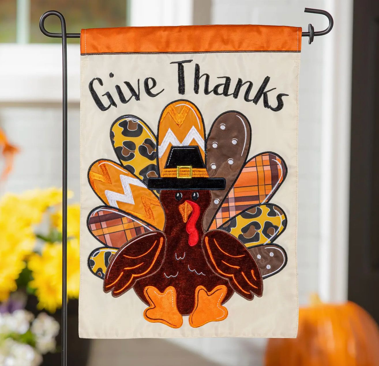 Give Thanks Patterned Turkey Applique Garden Flag