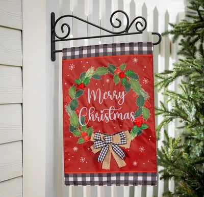 Merry Christmas Wreath Applique Garden Flag