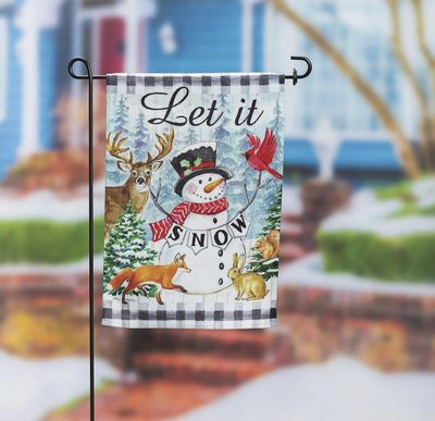 Let it Snow Snowman and Woodlands Suede Garden Flag