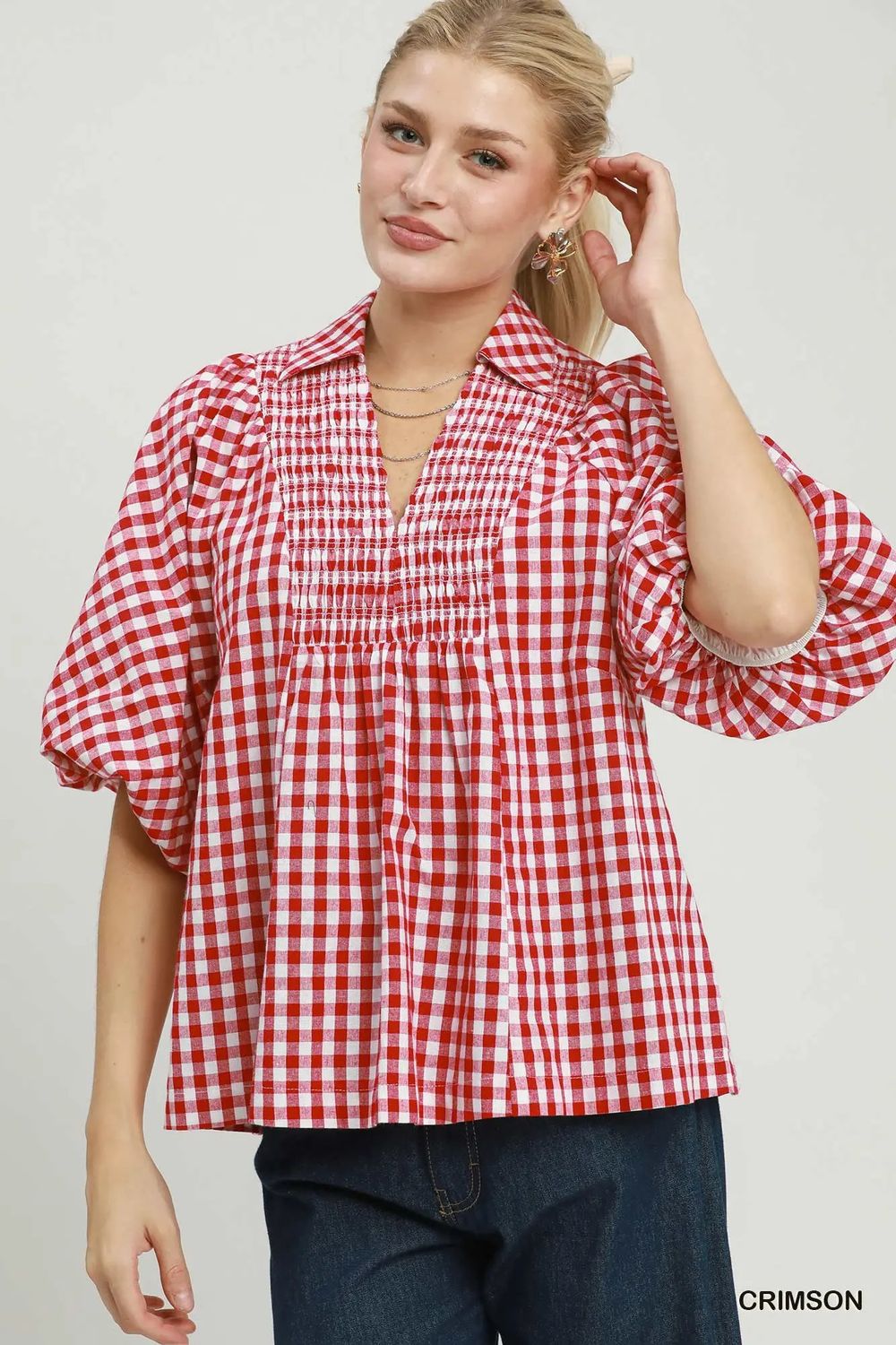 The Gemma Gingham Smocked  Puff Sleeve Top, Color: Crimson, Size: S
