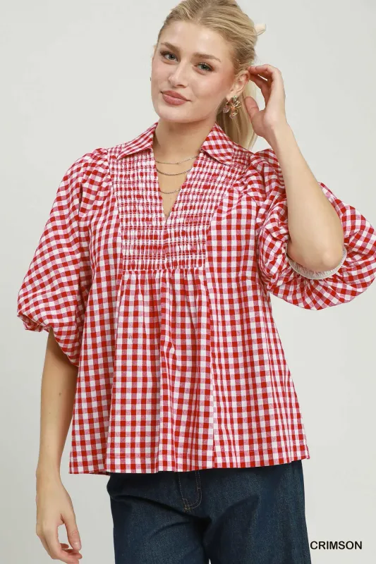 The Gemma Gingham Smocked  Puff Sleeve Top
