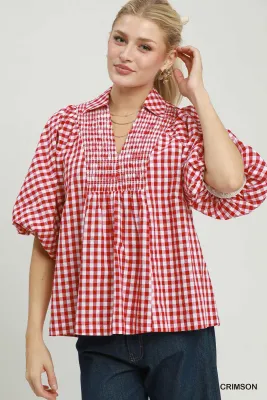 The Gemma Gingham Smocked  Puff Sleeve Top