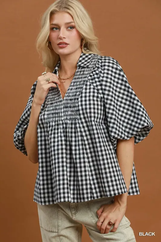 The Gemma Gingham Smocked  Puff Sleeve Top