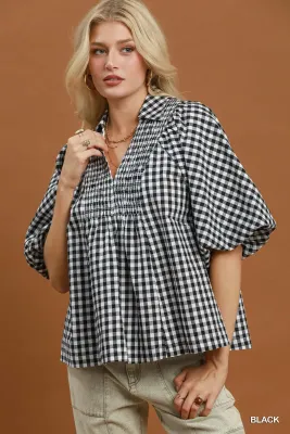 The Gemma Gingham Smocked  Puff Sleeve Top