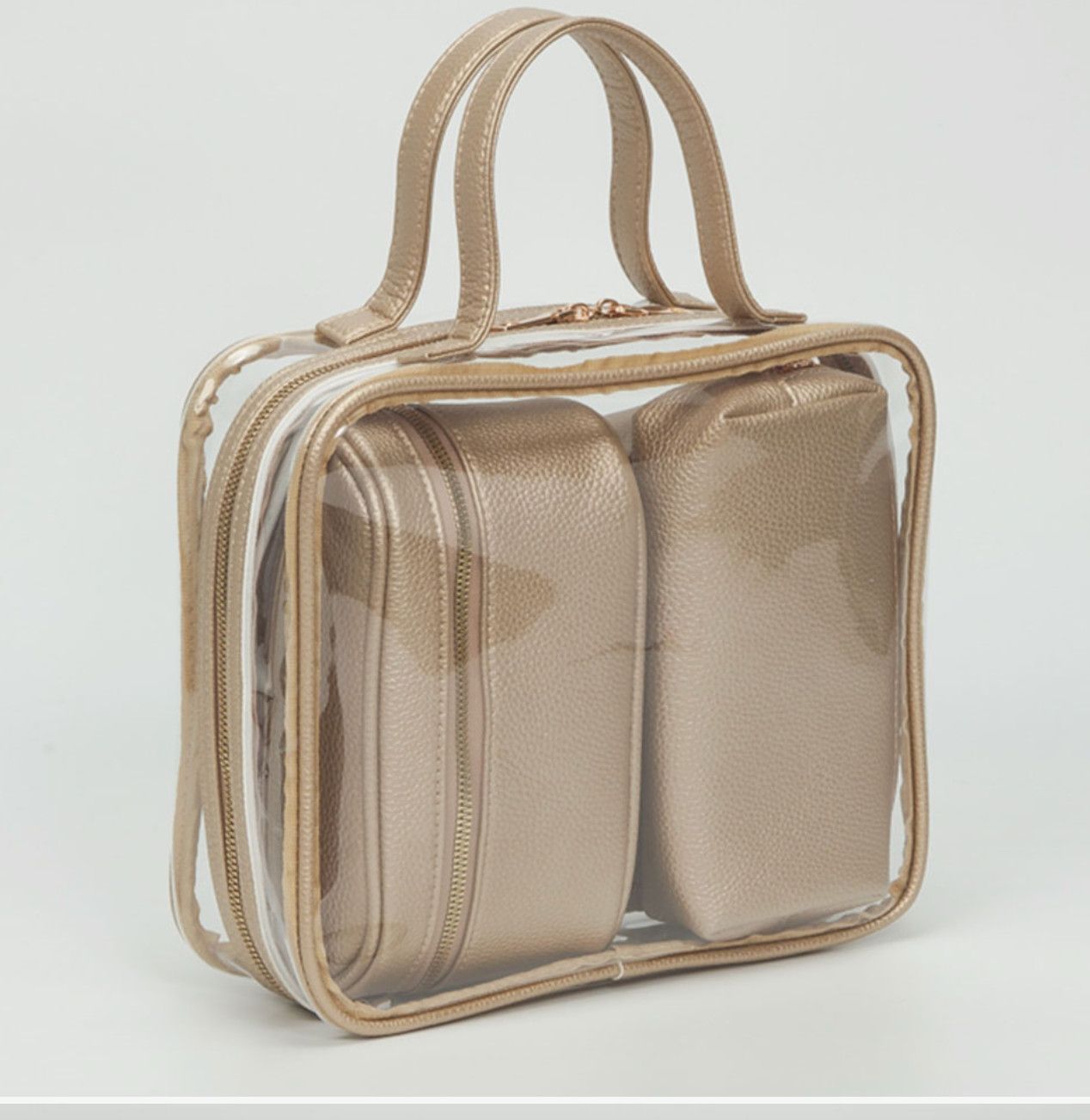 4 Piece Transparent Travel Cosmetic Bag Set | Clear Gold