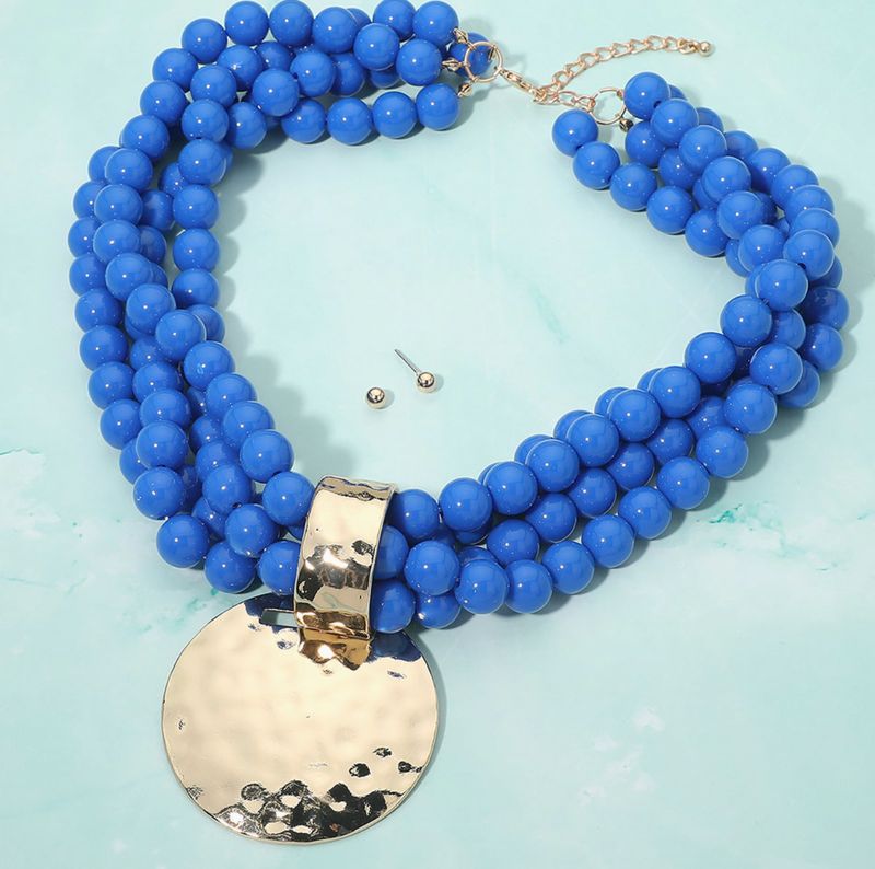 Bold Hammered Disc Pendant Statement Necklace | Royal Blue