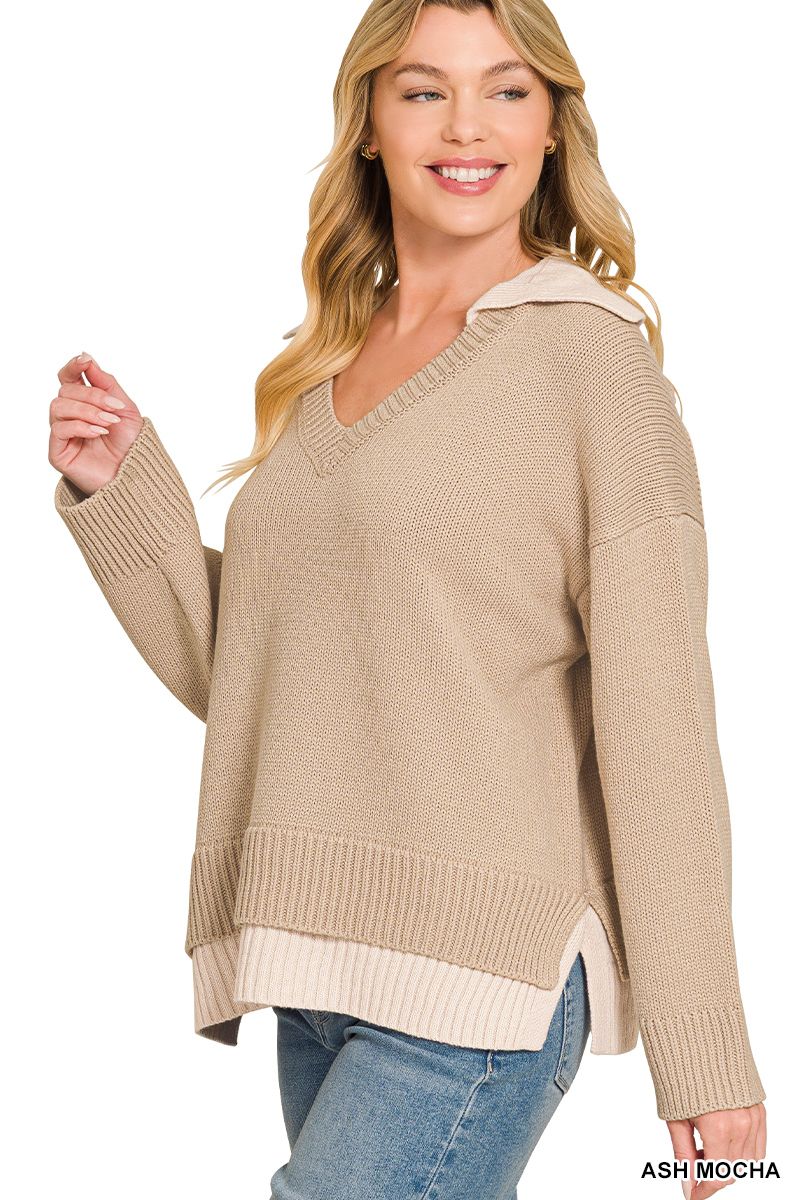 The Dotty Dual Collared Sweater, Color: Ash Mocha, Size: S