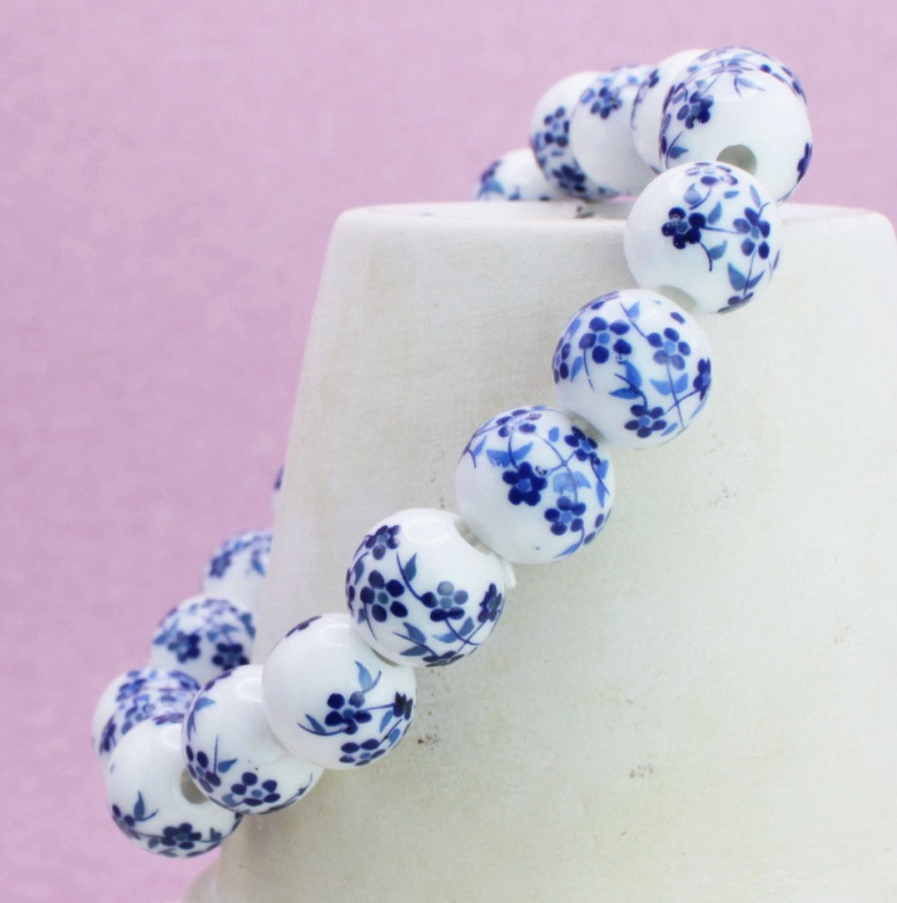 Vintage Blue &amp; White Ceramic Bead Stretch Bracelet