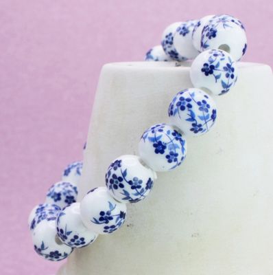 Vintage Blue &amp; White Ceramic Bead Stretch Bracelet