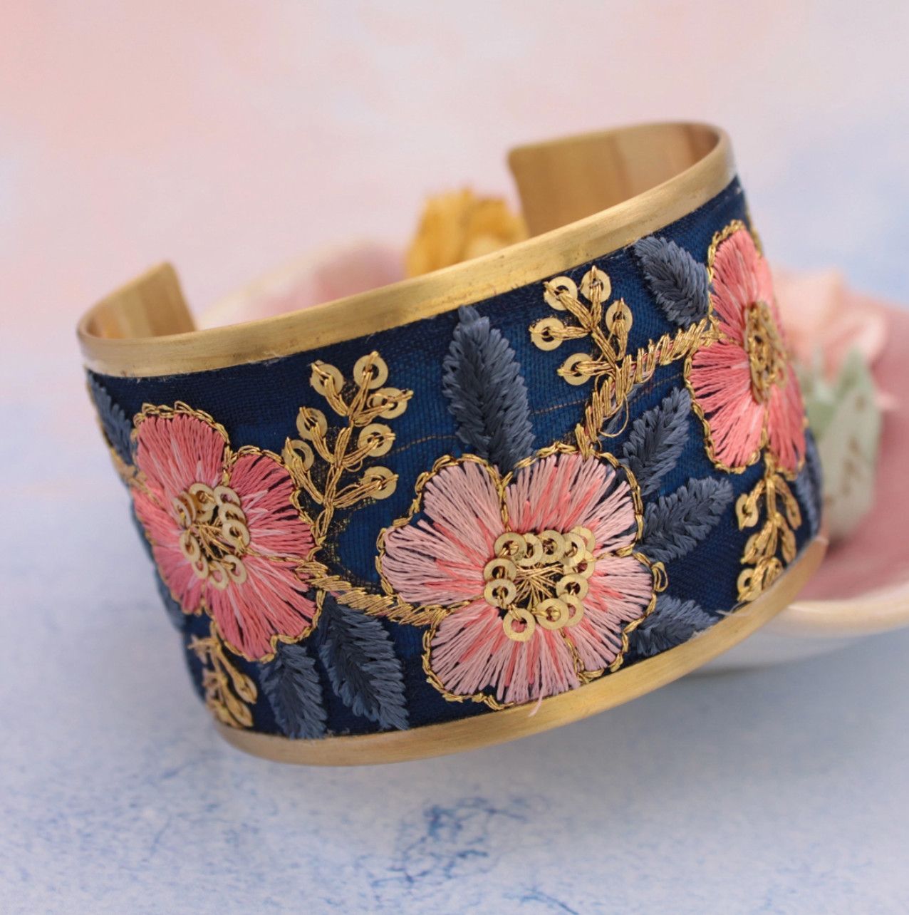 Embroidered Cuff Bracelet | Vintage Pink Blue
