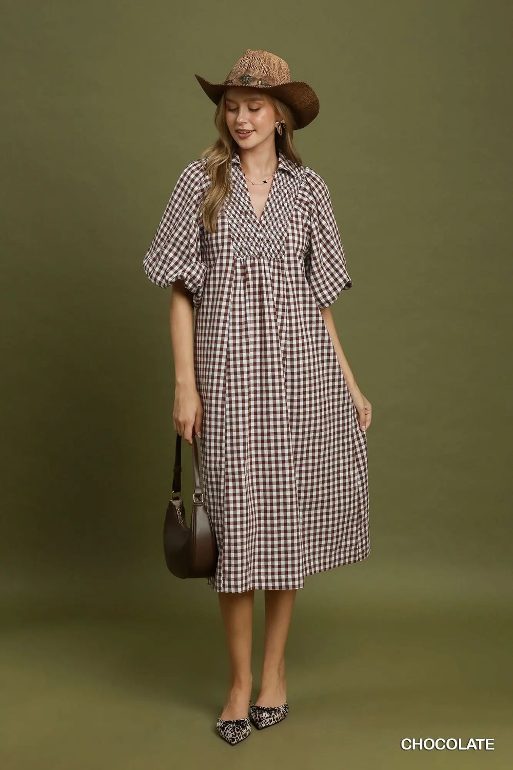 The Piper Puff Sleeve Midi Dress, Color: Chocolate, Size: S