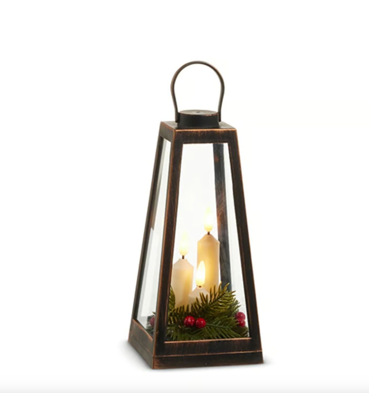 Distressed Lantern with Candles &amp; Greenery 9"