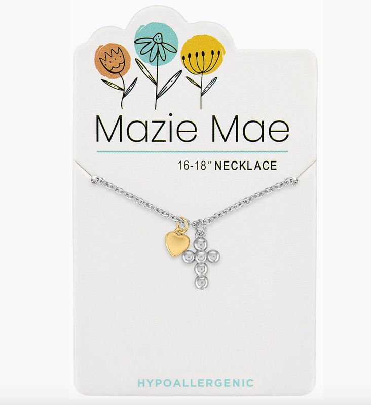 Mazie Mae Girls Necklace | Silver Two-Tone Cross &amp; Mini Heart