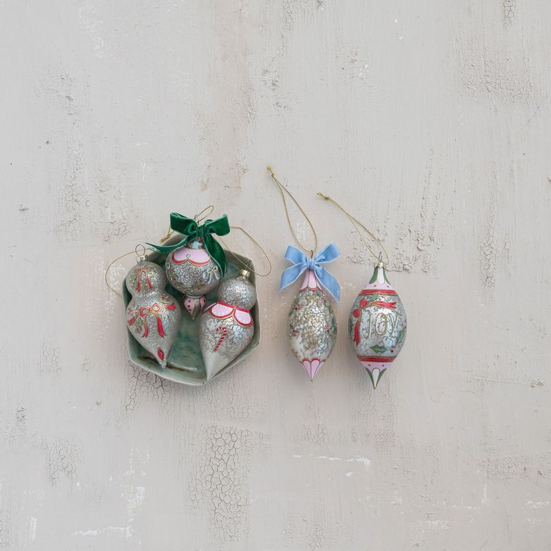 Antique Glass Ornament | Blue Bows with Green Ribbon