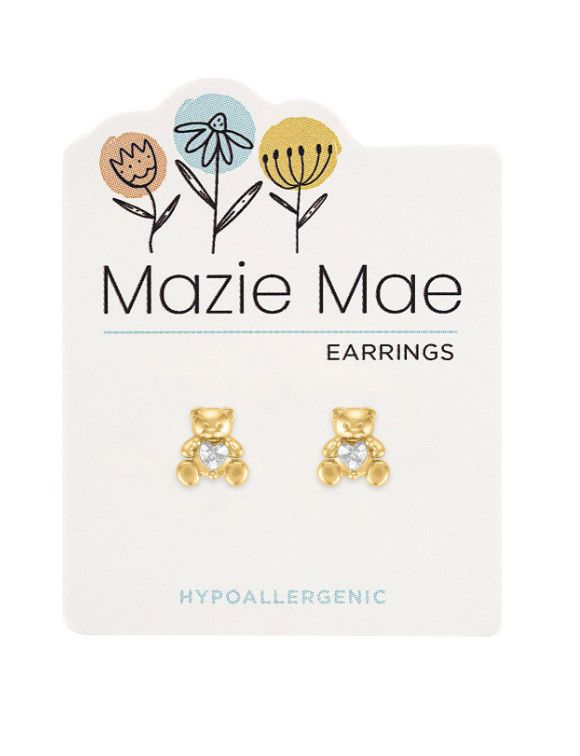 Mazie Mae Girls Earrings | Gold Teddy Bear Stud