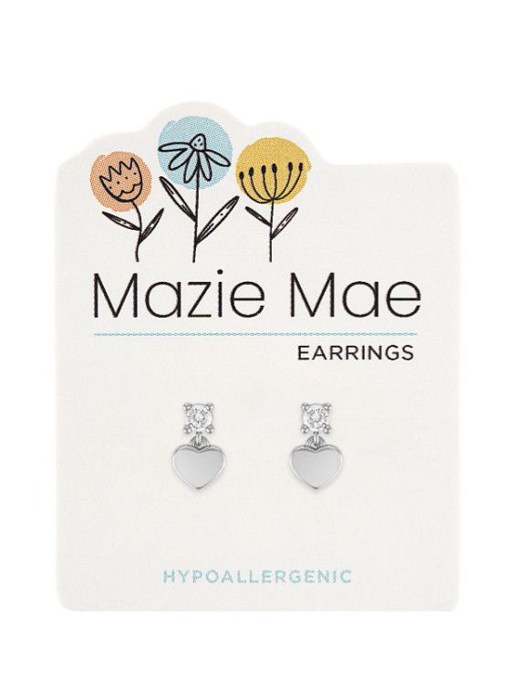 Mazie Mae Girls Earrings | Silver CZ Heart Drop Stud