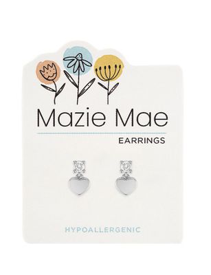 Mazie Mae Girls Earrings | Silver CZ Heart Drop Stud