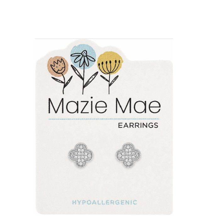 Mazie Mae Girls Earrings | Silver CZ Quatrafoil Stud