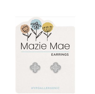 Mazie Mae Girls Earrings | Silver CZ Quatrafoil Stud
